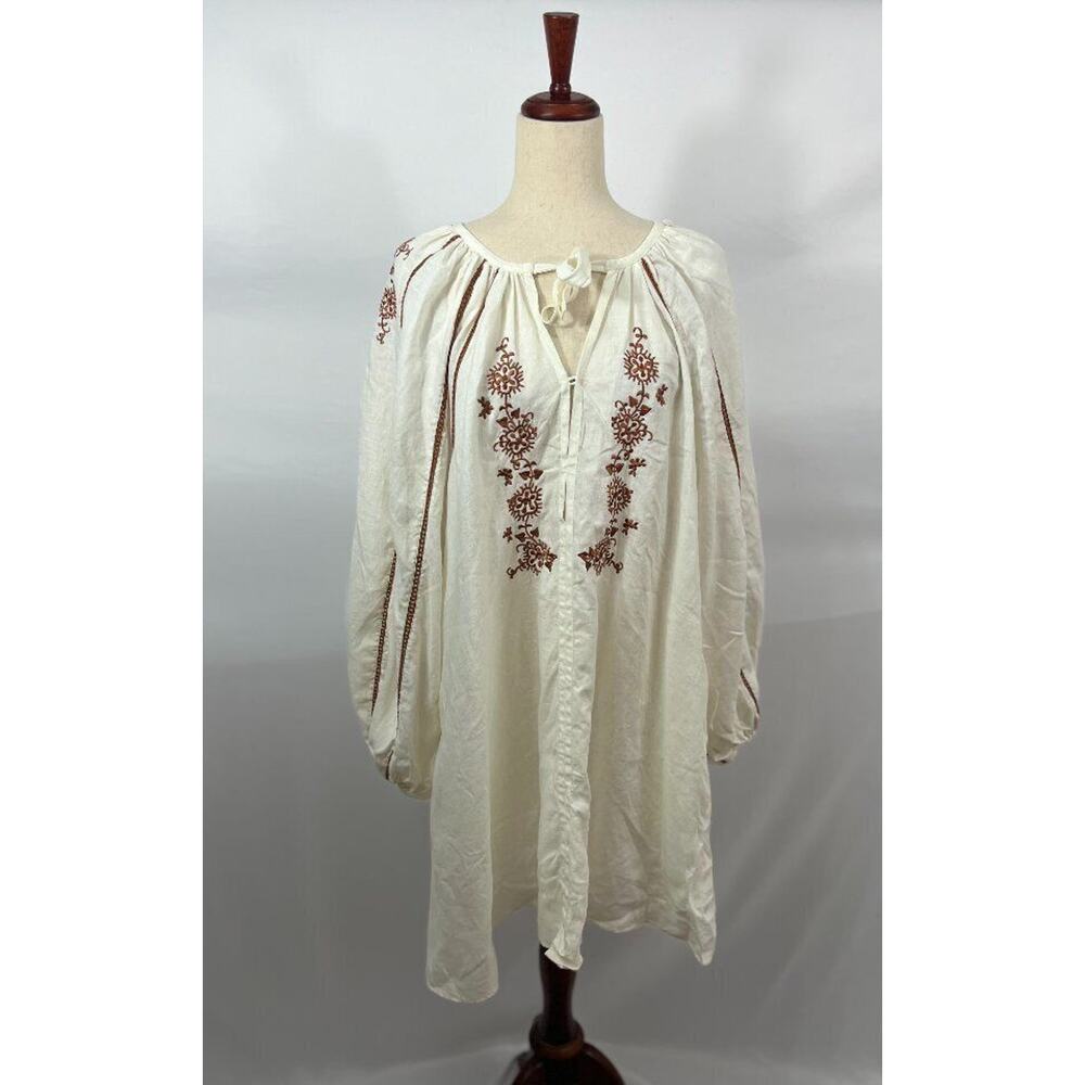 INNIKA CHOO Sz 1 S Ivory Brown Embroidered Puff Long Sleeve Linen Dress